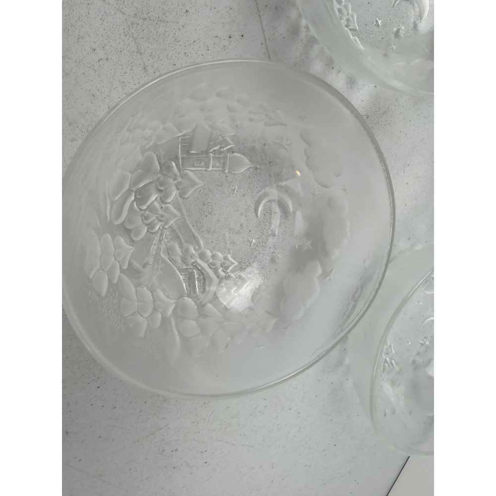 Vintage Frosted Glass Winter Scene Bowls Set of 4 Christmas Village Moon Stars - Picture 5 of 8